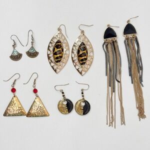 Lot of 5 Pairs Womens Dangle Earrings Gold Tone Leopard Tassel Abalone Boho Hook